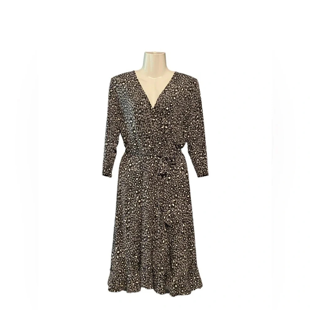 Leota Libby Leopard Print Faux Wrap Ruffle Hem Dress